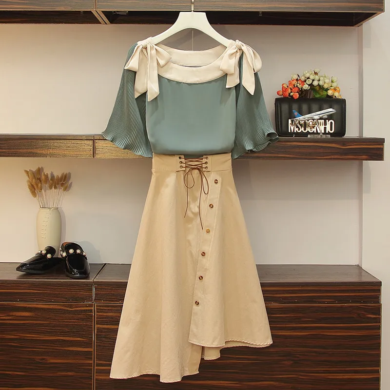 

CBAFU summer 2 piece set women's set flare sleeve bow chiffon shirt blouse cross strap irregular skirt suit casual clothing D629