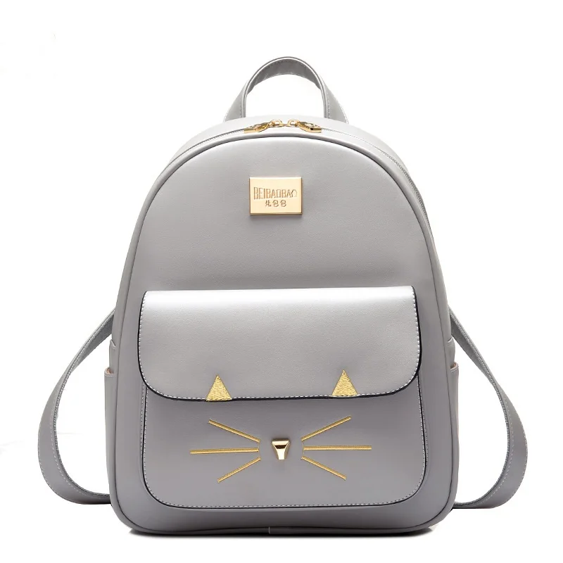 women backpack pu leather cat preppy style zipper embroidered Black gray beige bolso mujer mochilas feminina