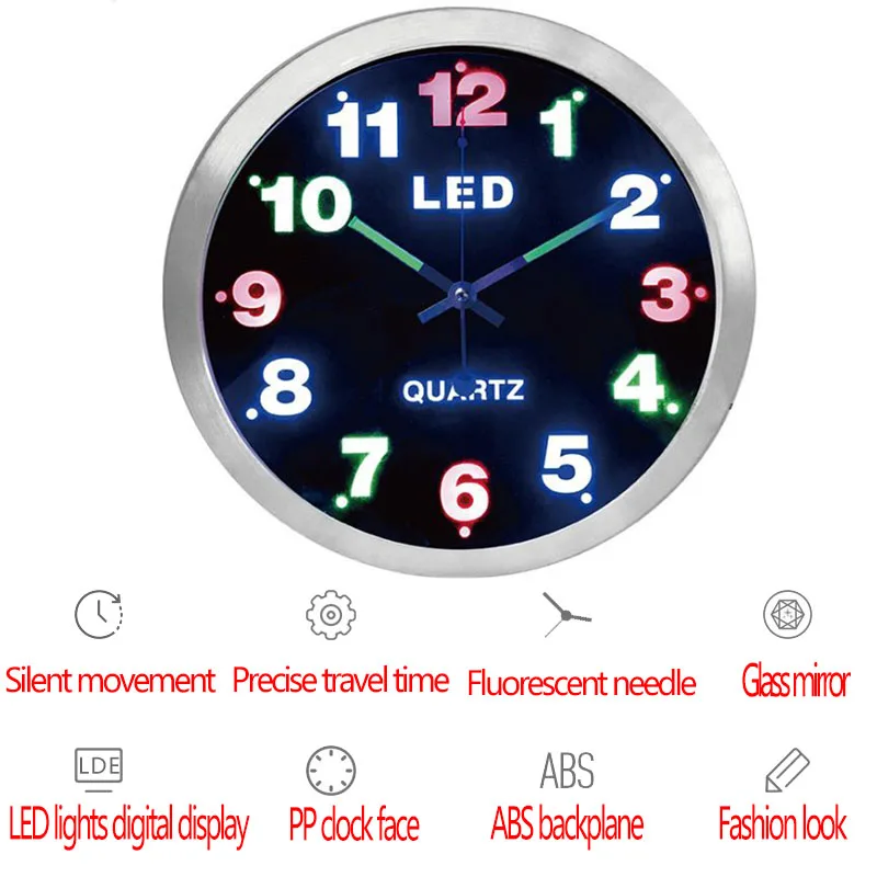 12 дюймов, простой цифровой металлический светодиодный светильник, люминесцентные светящиеся часы, украшение дома, настенные часы, часы для гостиной, спальни