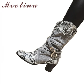 

Meotina Mid Calf Boots High Heels Chelsea Snake Print Boots Buckle Slip On Winter Shoes 2018 Autumn Boots Gray Big Size 34-43