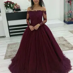 2019 дешевые пышные бальные платья бордового цвета с открытыми плечами кружевное платье с аппликацией и длинными рукавами; пышные фатиновые