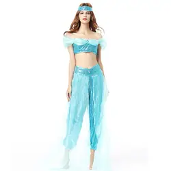 Женская голубая кружевная юбка жасмин, головной убор, комплект из 3 предметов, Aladdin Goddess, карнавальный костюм, карнавальные костюмы на