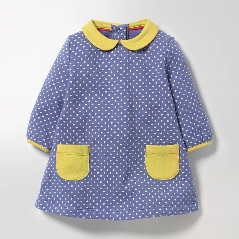 

Little Maven Spring Autumn New Full-Sleeved Blue Yellow Peter Pan Dots Sweet Printed Pocket Knitted Cotton Girls Casual Dresses
