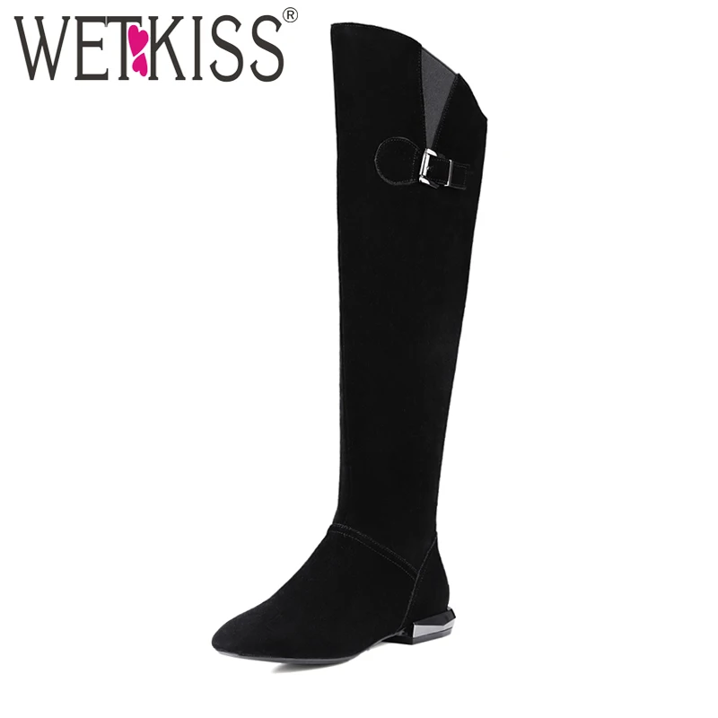 

WETKISS High Quality Cow Suede Leather Knee Boots Women Short Plush Winter Boots Chunky Heels Shoes Woman Zipper Buckle Strap