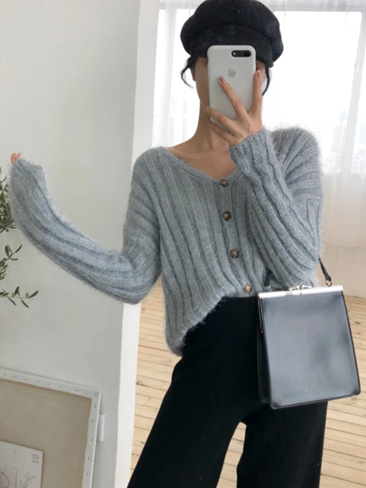 Nagodo Crochet Jackets Short Coat Korean V-neck Solid color Cardigan Sweater Woman Poncho Knit Jumper streetwear