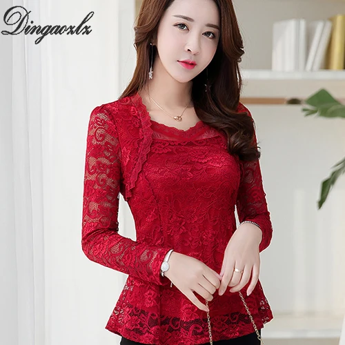 

Dingaozlz 2018 Plus size clothing stitching lace tops Elegant long sleeve Crochet lace shirt New casual Women blouse