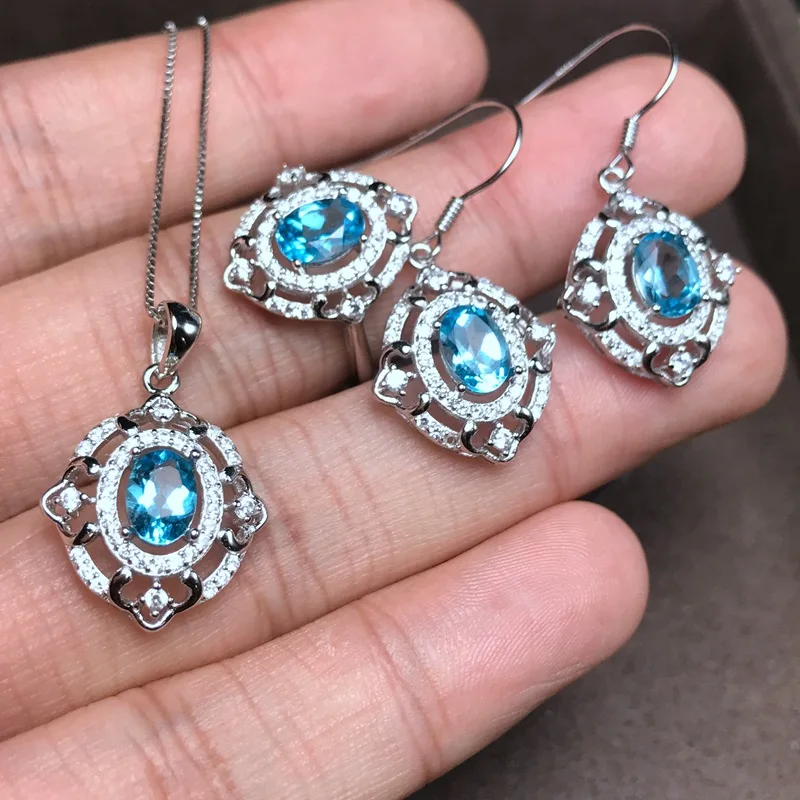 MeiBaPJ Natural Blue Topaz Jewelry Set 925 Pure Silver Ring Earrings