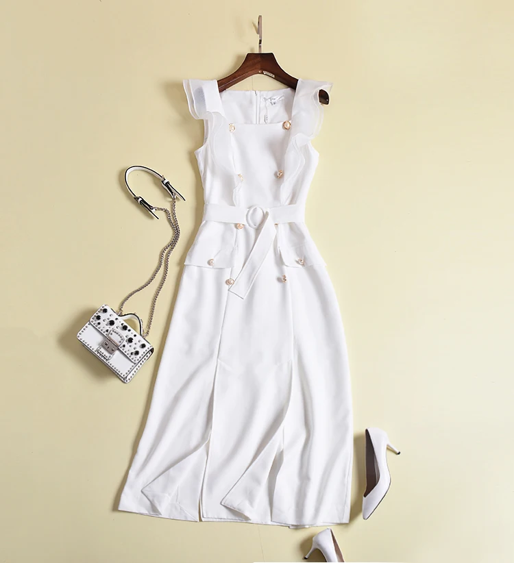 Высокое качество Новая мода подиум дизайнерское платье женское квадратный воротник двубортное платье с разрезом Размер s-xl