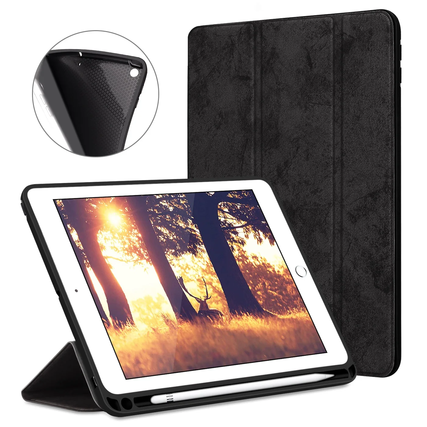 

For New iPad 2018 Case Pencil Holder, Soft Silicone Back Trifold Stand Smart Case for iPad 9.7 2018 2017 Cover A1893 A1954 Cases