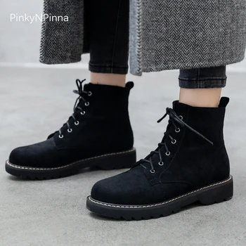 

winter women black ankle boots flock upper short plush inside lace up flat office chic casual booties soft warm shoes plus size