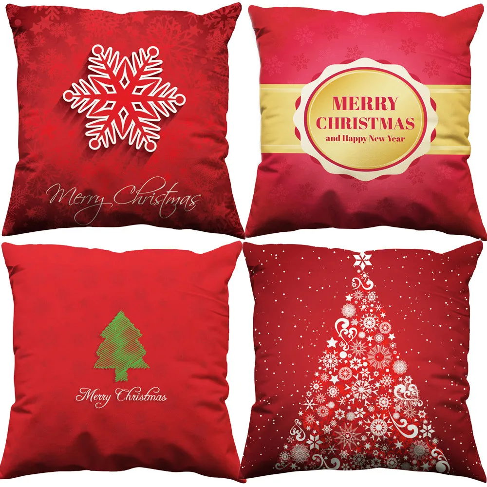 Merry Christmas Pillow Cases Cotton Linen Sofa Cushion Cover Home Bedroom Decor