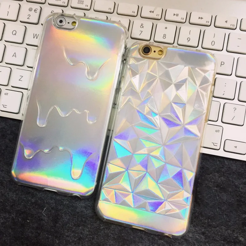 

New Holographic Iridescent Card Rainbow 3D Diamond Geometric Drippy TPU Skin Cover for iPhone 8 7 6 6s Plus Fashion Pastel Cases