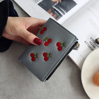 

Fashion Women Short Wallet PU Leather Cherry Embroidery Coin Purse Card Holders Lady Girl Mini Money Bag New
