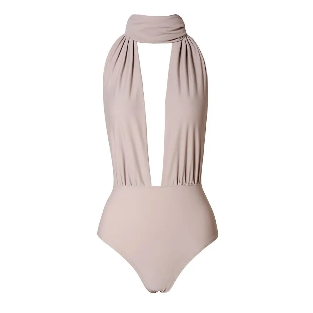 Beige Women Sexy Bodycon Twist Bodysuitin Bodysuits from Women's