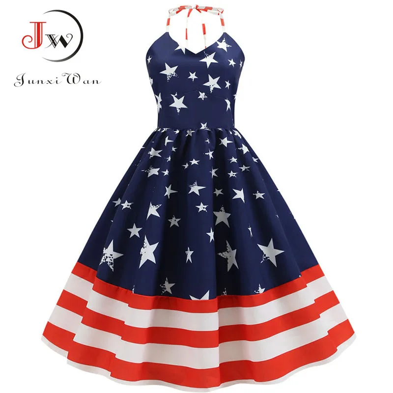

Summer Dresses Women Sexy V Neck Star Print Vintage Rockabilly Dress Jurken 2019 A-Line Pinup Blue Party Dress Vestido Plus Size