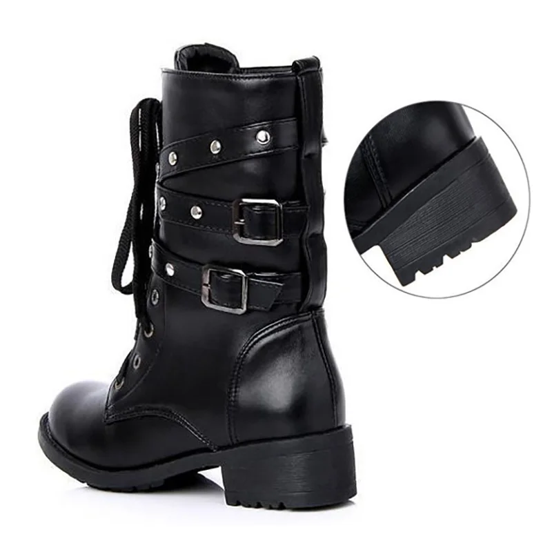 Botas de talla grande para mujer, botas militares, botas altas para mujer,  zapatos góticos de tacón bajo, calzado de mujer con hebillas negras, botas  de cuero con cordones - AliExpress Calzado
