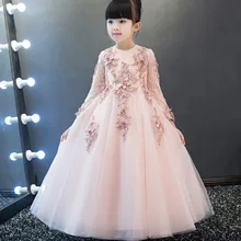 Розовое солнечное детское платье для выпускного вечера вечерние платья принцессы с длинными рукавами и длиной до щиколотки для девочек, детское платье для девочек на праздник