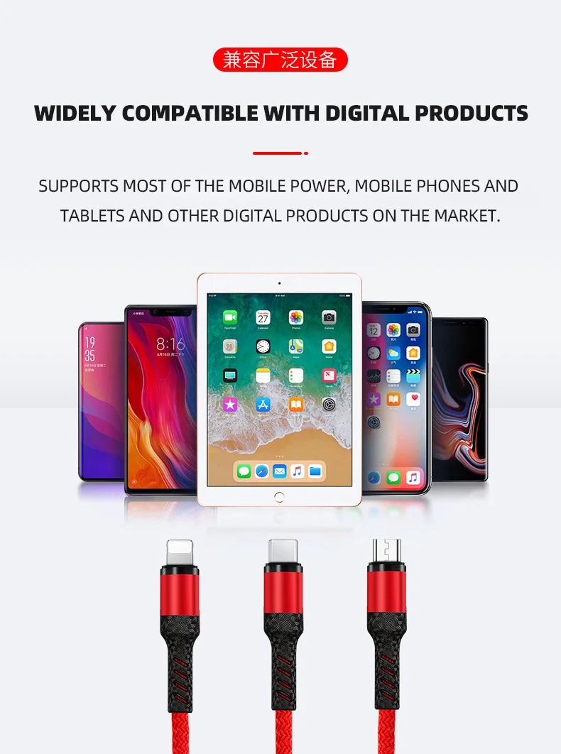 Type-C Micro 3 в 1 зарядный кабель для iPhone XS Max XR 8 7 Plus Lightnin для samsung s10 9 Redmi Note7 Pro huawei P30 Honor 20