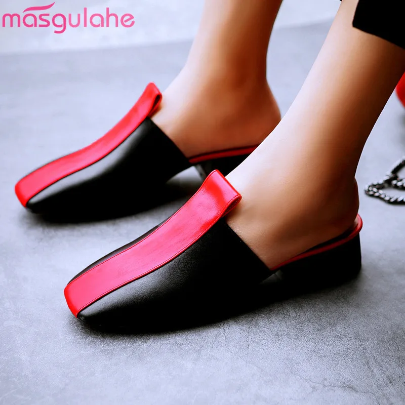 

Masgulahe big size 34-43 fashion summer new shoes woman square toe shallow genuine leather shoes mixed colors mules shoes 2019