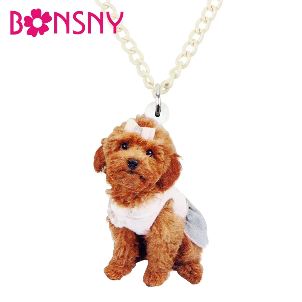 Bonsny Acrylic Sweet Teddy Poodle Puppy Dog Necklace Pendant Chain