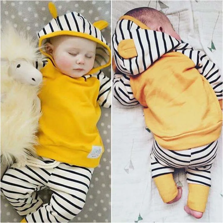 

2017 new spring and autumn baby set boy girl 100% cotton striped T-shirt + pants 2 sets of children's clothing set free shipping