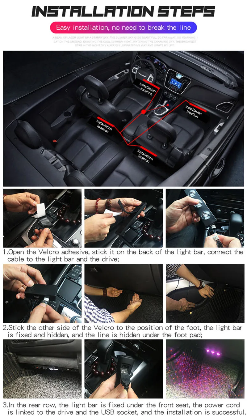 1set USB LED Car Atmosphere Ambient Star Light RGB Colorful Music Sound Lamp Remote Control Interior Decorative Light (21)