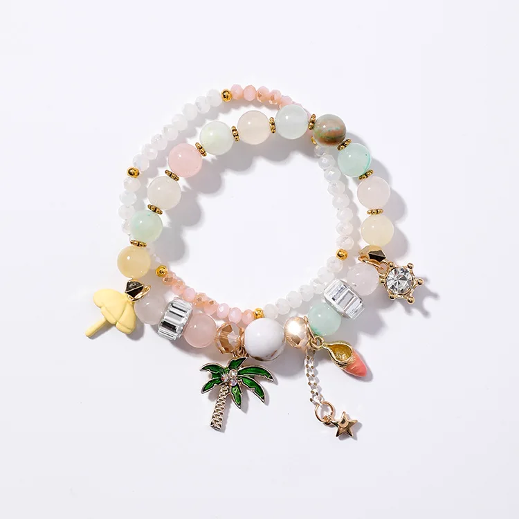 

Fashion Double Layer Mix Alloy Crystal Sweet Umbrella Coconut Tree Shell Pendant Bracelet Holiday Seaside Jewelry for Women