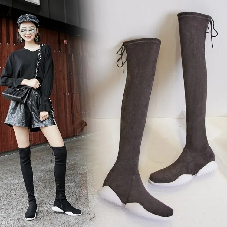 

Women Knee-high Boots Long Boots Size 34-40 Low-heeled Sheep Suede Zipper Autumn Winter Wild Women Elastic Fabric Fashion Shoes
