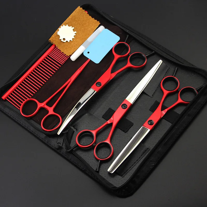 5 kit Professional Japan 440c 7 inch red pet dog grooming hair scissors