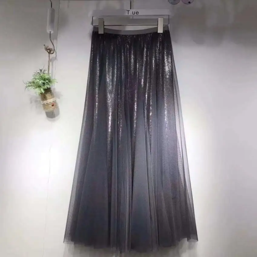 Летняя мода для отдыха, брендовая блестящая юбка, Женская длинная юбка, высокая талия, большие качели, складывающаяся Повседневная Пастельная юбка, wq1299 - Цвет: shiny gray