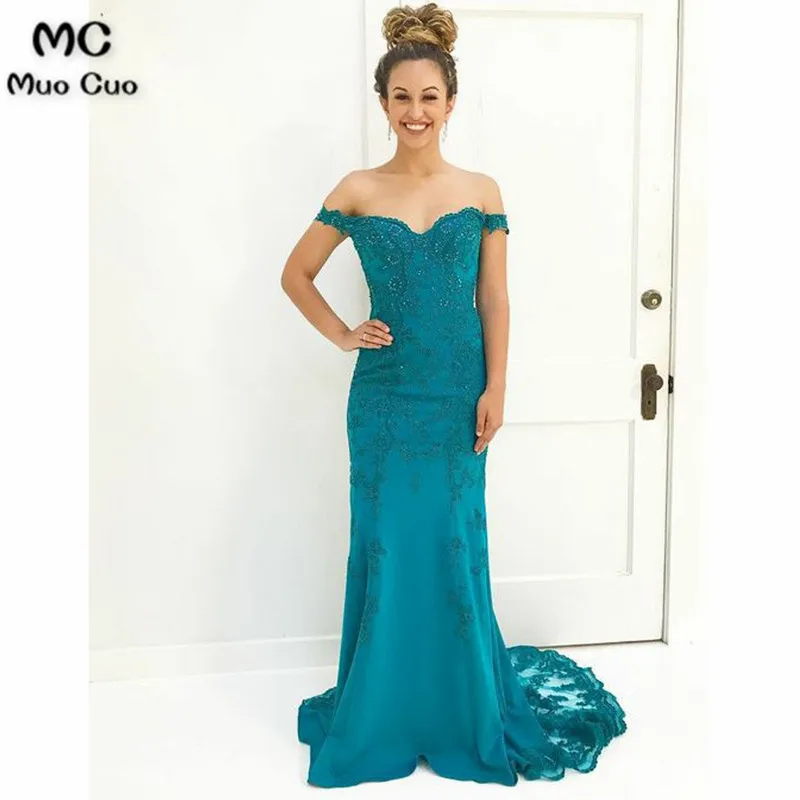 Mermaid Off-the-Shoulder Sweep Train Turquoise Prom Dress with Appliques