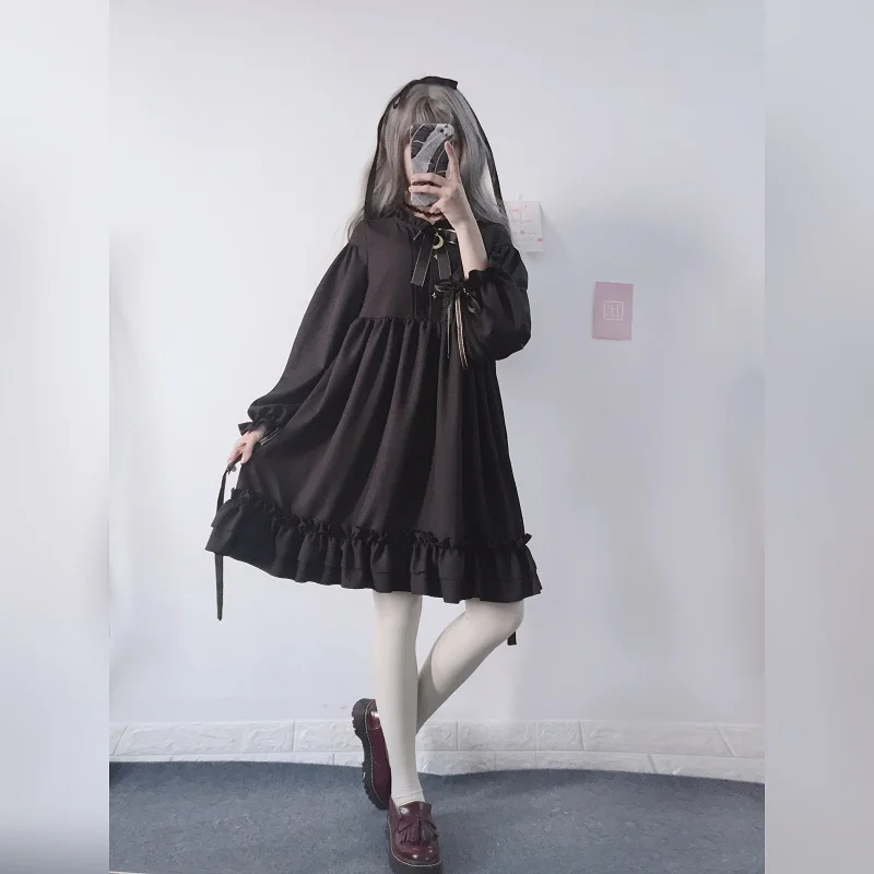 

Japanese Black Lolita Style Party Women Dress Gothic Punk Chiffon Kawaii Halloween Girl's Dress Elegant Ruffles Sweet Mini Dress
