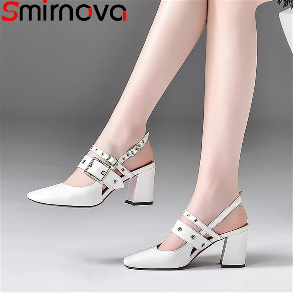 

Smirnova black white summer shoes woman square toe buckle elegant prom wedding shoes sandals women genuine leather shoes