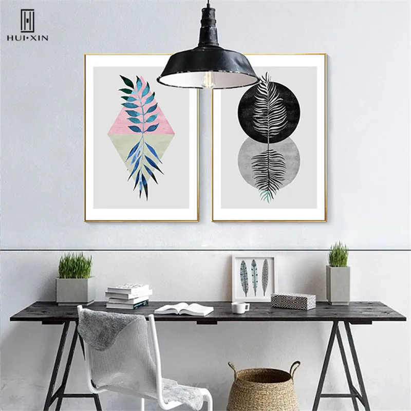 Minimalism Abstract Geometric Pattern Grey Bright Blue Feathers Wall