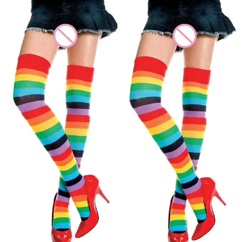 Рождественские хлопковые Разноцветные длинные чулки в радужную полоску, вязаные сексуальные зимние чулки, гольфы