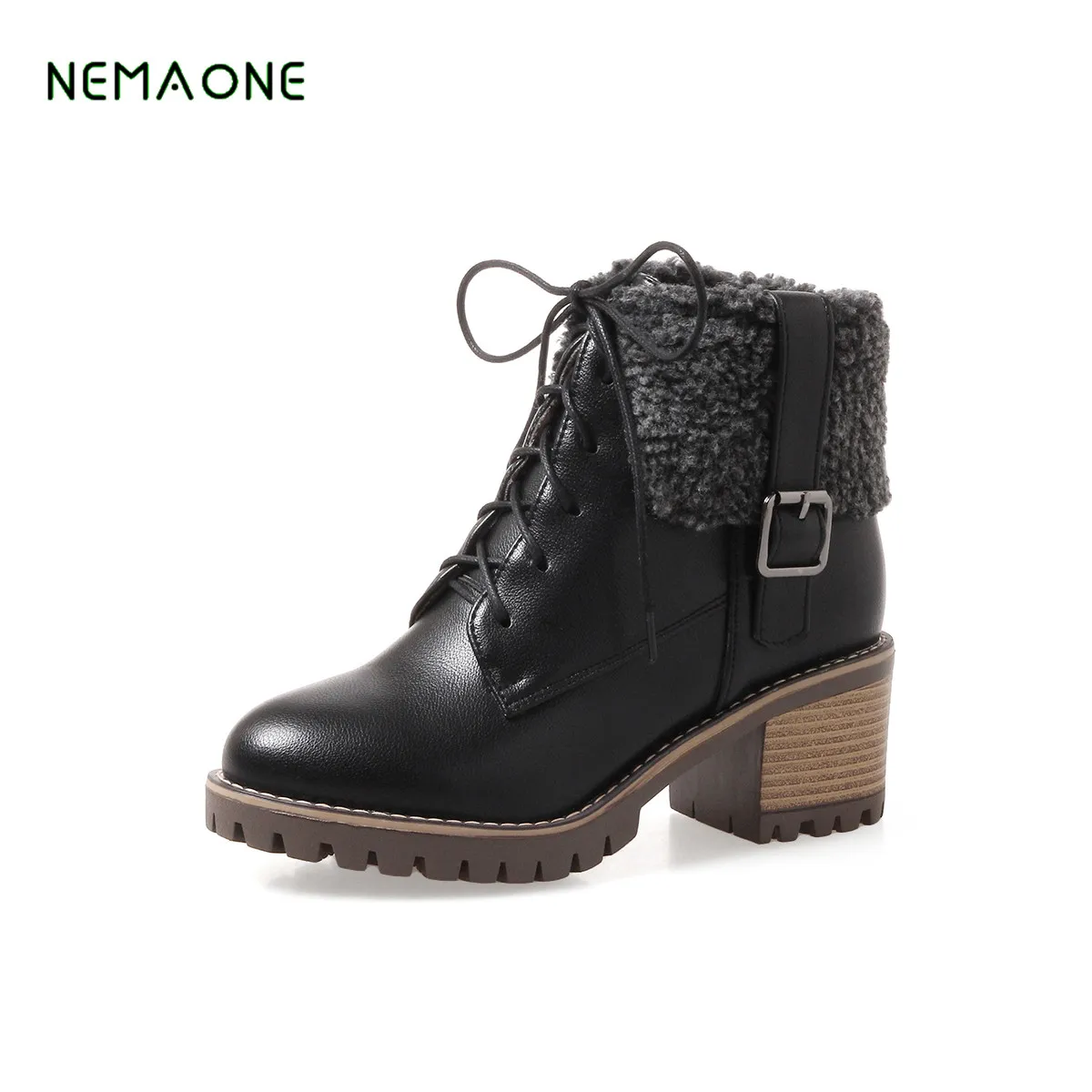 

NEMAONE NEW spring female lace ankle boots with cut outs square heels round toe platform pu soft leather women fashion boots