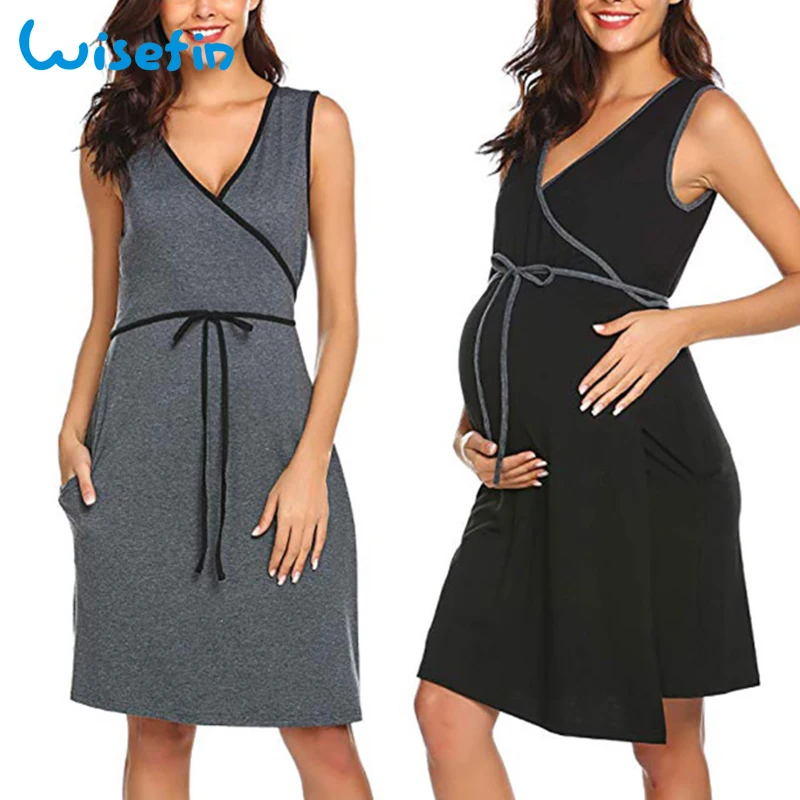 

Wisefin Fashion Maternity Dresses For Pregnant Women Breastfeeding Dresses Summer Sleeveless Pregnancy Clothing Black Gray 2019