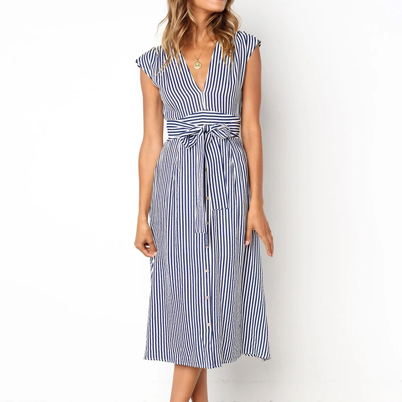 Women's Striped Mid-Calf Dress New Fashion Button Sexy V-Neck Short Sleeve Dresses Vestidos Female Casual Daily Party Sundress