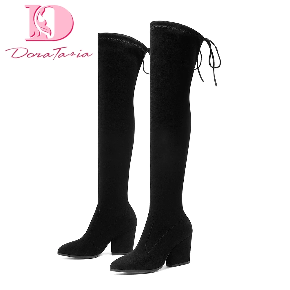 

DoraTasia 2018 Women Shoes Over The Knee Boots Pointed Toe Autumn Winter Shoes Women Hoof Heels Flock Women Boots big Size 34-43