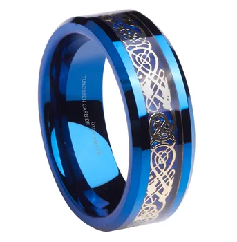 

8mm Blue Tungsten Ring Gold Celtic Dragon Blue Carbon Fibre Inlay Eternity Wedding Rings For Couples Jewelry