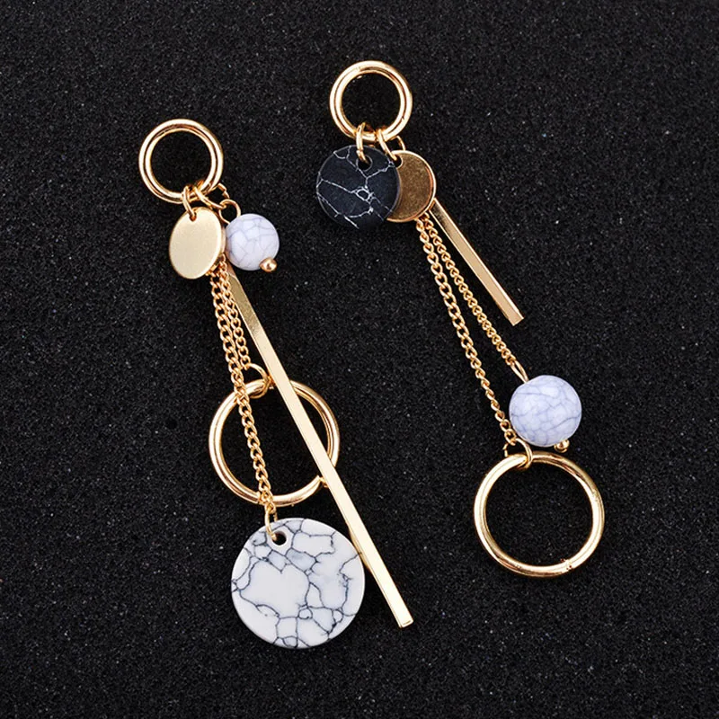 

Korean Version of the New Fashion Temperament Round Marble Texture Long Asymmetric Earrings