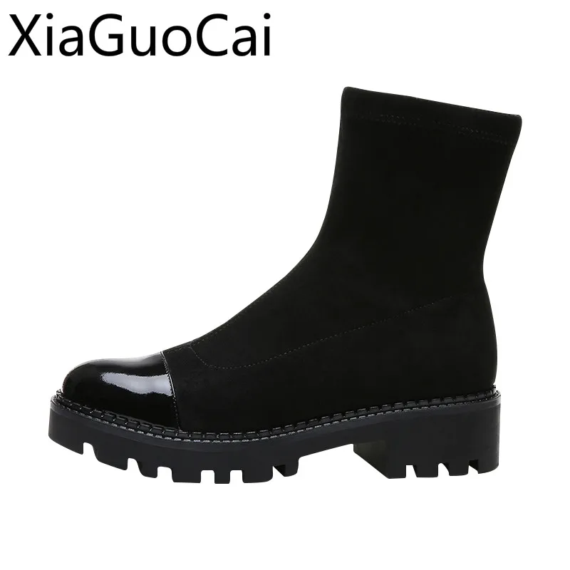 

Spring and Autumn Knitting Women Socks Boots 2019 Platform Female Ankle Boots Rubber Flat Slip-on Boots
