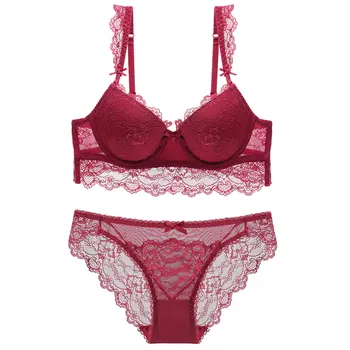 

High Quality Lingerie Set Sexy Lace Embroidery Women Push Up Underwear Padded Bra and Transparent Panty Deep V Intimates Ladies