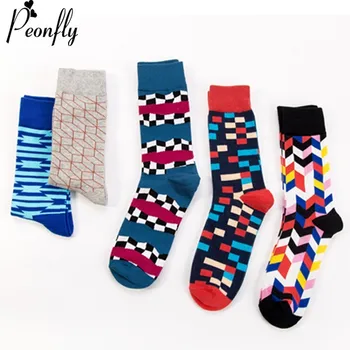 

PEONFLY Men Fashion Printed Stripe Square Geometry Pattern Colorful Happy Socks Autumn Winter Soft Ventilation Cotton Socks Male