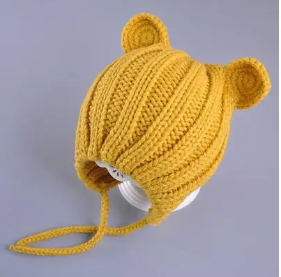 Вязанная зимняя детская шапка с ушками, мультяшная детская шапочка на шнуровке для От 1 до 3 лет - Цвет: Цвет: желтый
