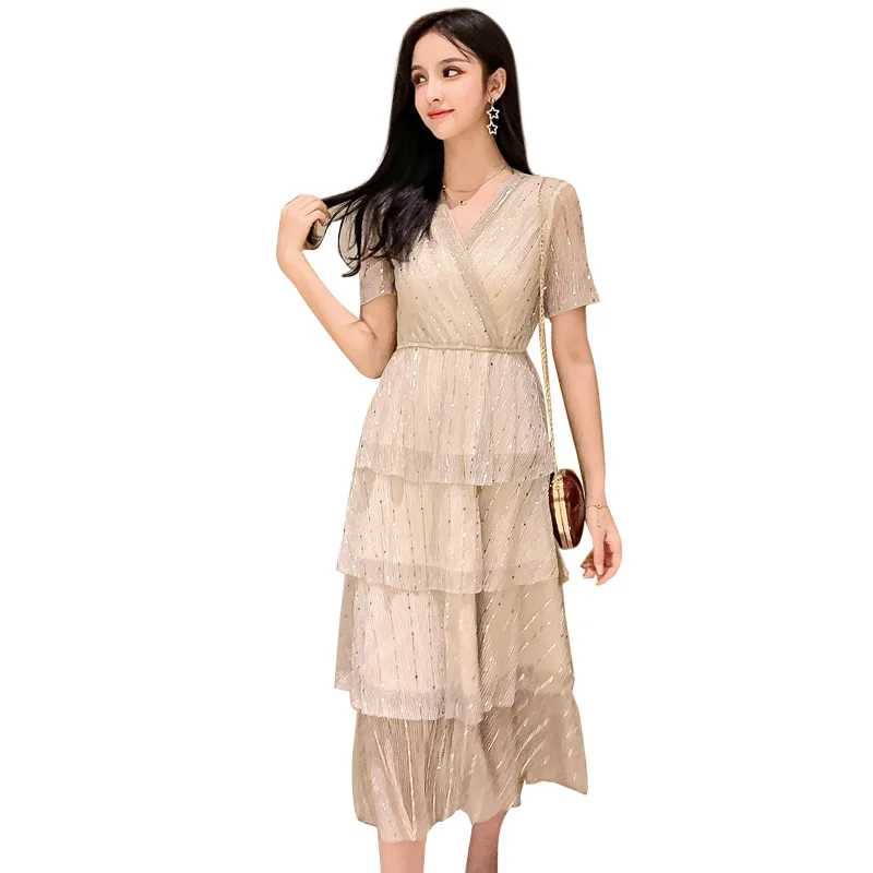 Новое Женское платье из шифона с v-образным вырезом, высококачественные платья феи с блестками цвета шампанского 3338