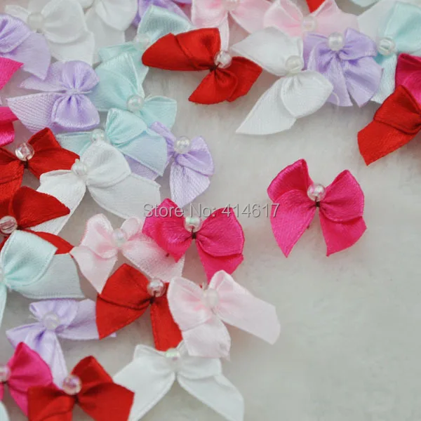 

100pcs Mini Satin Ribbon Flowers W/Beads Bows Gift Craft Wedding Decoration A081