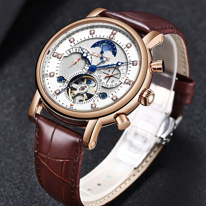 ييج رجل الساعات توربيون الأزياء الرياضة التلقائي ووتش جلدية القمر المرحلة الميكانيكية للماء ووتش Relogio Masculino + مربع