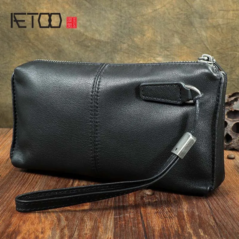 AETOO Original hand-made vintage genuine leather long Clutch leather soft handbag clutch large-capacity youth hand strap