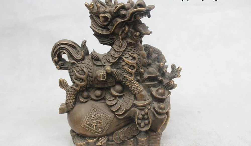 

9"Chinese Folk Pure Bronze excellent Lucky Money drawing Kylin Statue